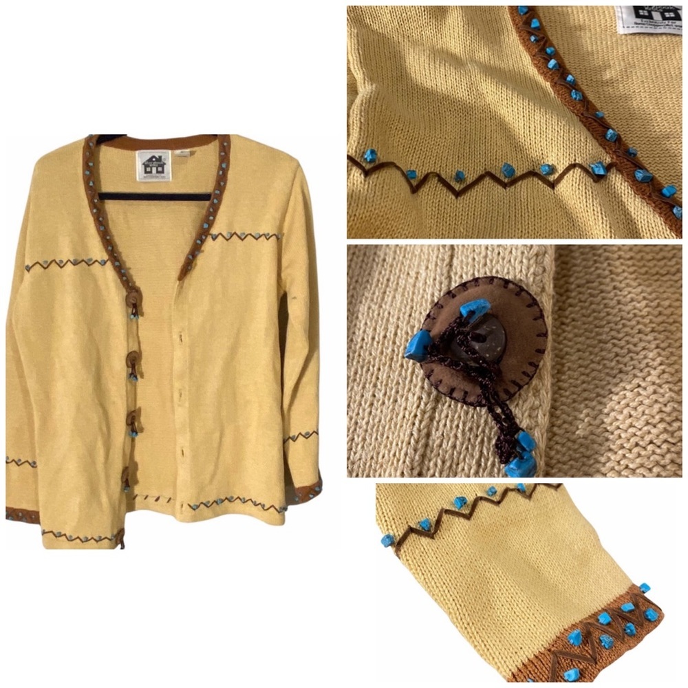 Vintage Storybook Knits Southwestern Beaded Cardigan Sweater Tan Medium